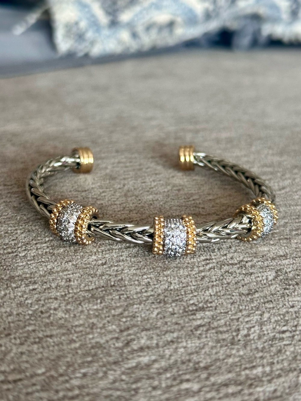 Two-Tone Braided/Woven Wheat Cuff with 3 Barrel Pavé Stations - Picture 2 of 5